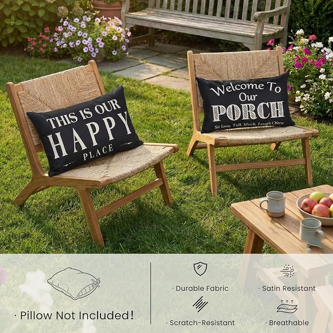 Black and White Welcome to Our Porch Outdoor Lumbar Pillow Covers Waterproof 12x20 Set of 2, Decorative Outdoor Lumbar Pillows 12 x 20, Front Porch Decor Patio Furniture Pillows (Without Inserts)