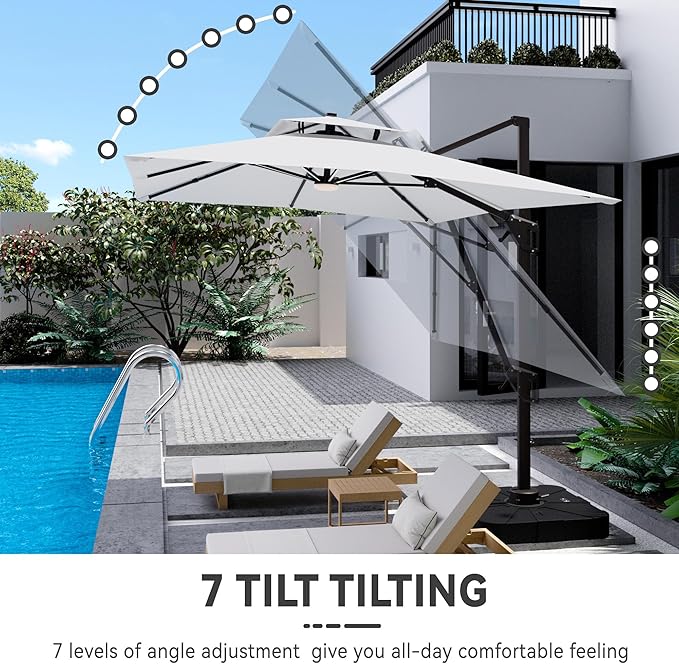 10x13 FT Cantilever Patio Umbrella with Led Lights Double Top Outdoor Rectangular Large Heavy Duty Aluminum Offset Umbrellas with 7 Level Tilt 360-degree Rotation for Pool Garden Deck, Fog Grey