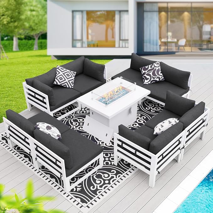 BULEXYARD 9 Piece Modern Aluminum Patio Furniture Set with Fire Pit Table, 500 lbs Heavy Duty Outdoor Sectional Sofa, 29" Deep Wide Oversized Seating Conversation Couch for Garden Exterior, Dark Gray