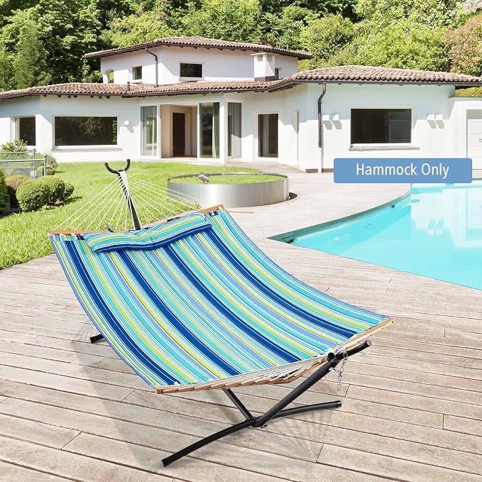 GYMAX Hammock, Portable Hammocks with Spreader Bars & Detachable Pillow, Quick Dry Adjustable Folding Camping Hammock for Outdoor Patio Beach Picnic Poolside