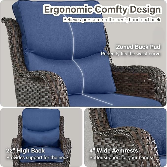 Outdoor Swivel Rocker Patio Chairs Set of 4 with Coffee Table - 5" Thick Cushion 8 Piece Furniture Set All Weather Comfortable Wicker Conversation Set for Porch Deck - Brown/Blue