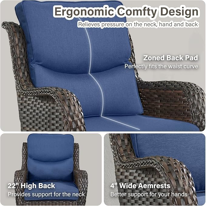 Outdoor Swivel Rocker Patio Chairs Set of 4 with Coffee Table - 5" Thick Cushion 7 Piece Furniture Set All Weather Comfortable Wicker Conversation Set for Porch Deck - Brown/Blue