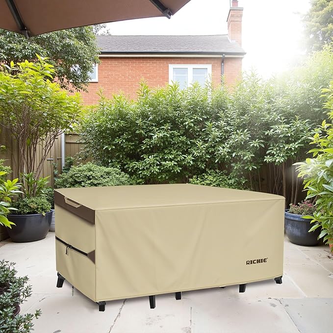 RICHIE Outdoor Patio Furniture Cover - Heavy Duty Waterproof 600D Tough Canvas Protector for Rectangular Table Cover, All-Season Dining Table and Chair Covers (96L x 44W x 28H Inch)