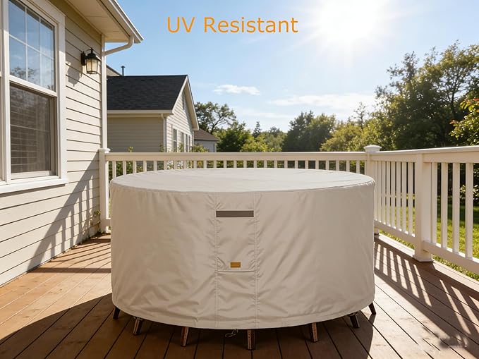 600D Heavy Duty Waterproof Patio Furniture Covers UV Resistant Round Outdoor Table Chair Covers Medium Round 62"Diax28"H Beige