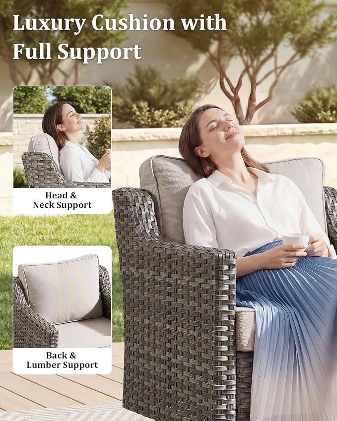 Outdoor Furniture Set of 6, Patio Sofa with Luxury 4" Cushion, Wicker Swivel Rocker Patio Chairs, and Fire Pit Table, High Back&Deep Seat for Garden Deck Porch Balcony Backyard - Beige
