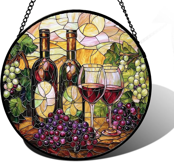 DASTOLL Stained Glass Window Hanging, Grapes and Wine Suncatcher Diamond Glass Panel Hangings Sun Catchers Decor for Birthday for Women, Men, Wife, Aunt, and Mom 11.8x11.8 in