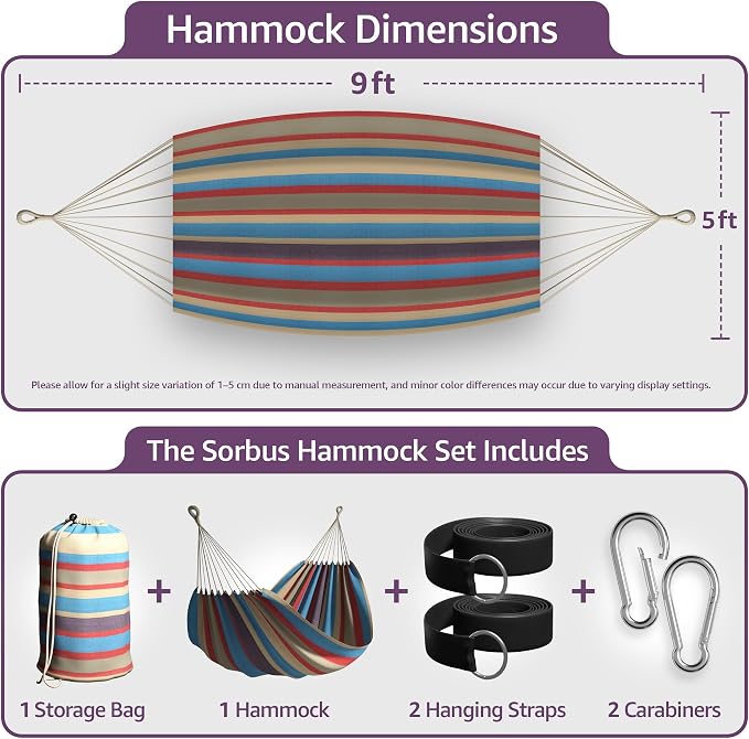 Sorbus® Brazilian Double Hammock - Extra-Long Two Person Portable Hammock Bed for Indoor or Outdoor Spaces - Hanging Rope, Carrying Pouch Included (Blue/Sand/Purple/Red Stripes)