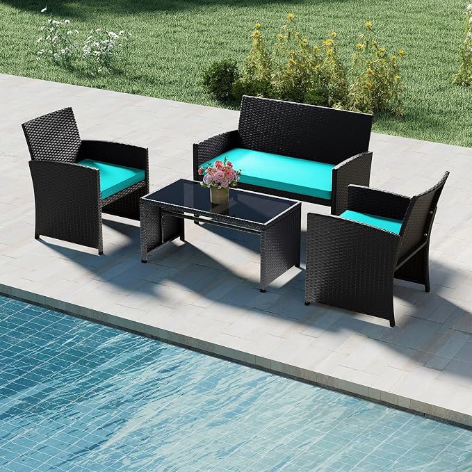 Tangkula 4 Pieces Patio Wicker Furniture Set, Outdoor Heavy Duty Rattan Cushioned Chairs, Loveseat and Tempered Glass Coffee Table, for Backyard, Balcony, Poolside (Turquoised,1)