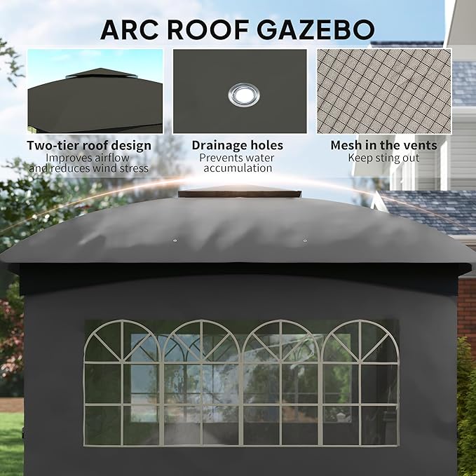Outsunny 11' x 11' Outdoor Gazebo, Arc Patio Gazebo Canopy Shelter, UV Protected, with Curtains, Church Windows, Double Roof, Galvanized Steel Frame for Lawn, Backyard and Deck, Dark Gray