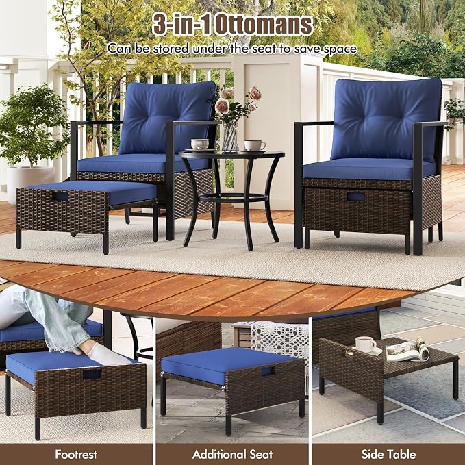 Tangkula 5 Piece Outdoor Furniture Set, Rattan Chairs & Ottomans w/Round Glass Topped Coffee Table, Space Saving Cushioned Patio Conversation Set for Backyard, Poolside (Navy)