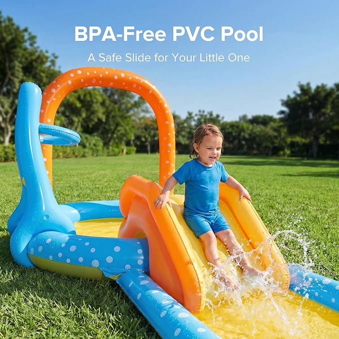Inflatable Kiddie Pool with Dual Slides, Kids Splash Pool Play Center with Water Slide & Slip Slide, Outdoor Backyard Water Toy for Toddlers