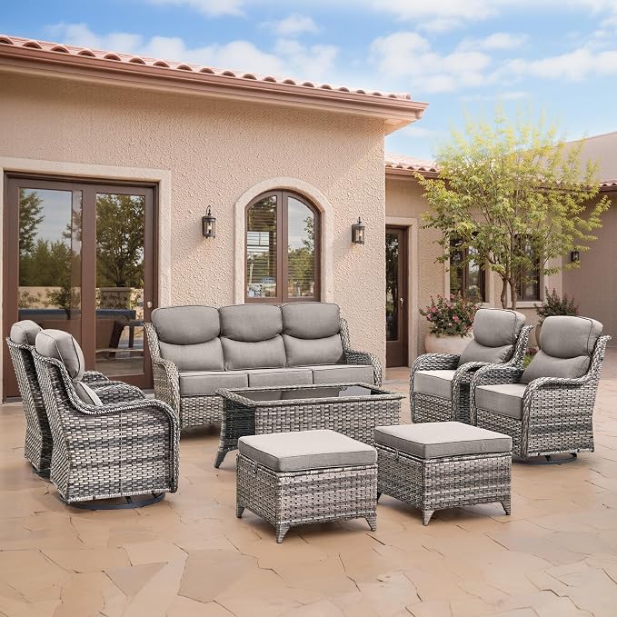 Swivel Patio Chairs Sofa Set of 5 with 6" Thick Cushion - Wicker Outdoor Swivel Rocker Patio Chair with Side Table, High Back Comfortable Outdoor Glider Chairs - Grey Wicker - Grey Cushions