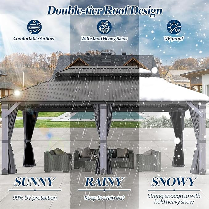 COVERONICS 12'x20' Outdoor Wood Gazebo - Hardtop Wooden Gazebo with Galvanized Steel Roof, Heavy-Duty Pavilion with Netting & Curtains for Garden, Poolside, Deck, Backyard