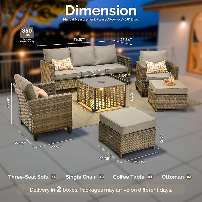6 Piece Wicker Patio Furniture Set with Solar Table, Dark Gray | Outdoor Deep Seating Sofa Chair Ottoman, Solar Lights Table, All Weather Rattan, Modern Conversation Set, Porch Deck Backyard
