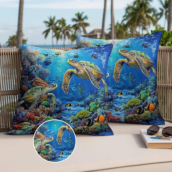 Blue Sea Turtle Ocean Waterproof Outdoor Pillow Covers Set of 2 Home Decor, Colorful Coral Sea Underwater Pillowcase Patio Pillow Covers for Couch Bench Furniture Garden 20x20in