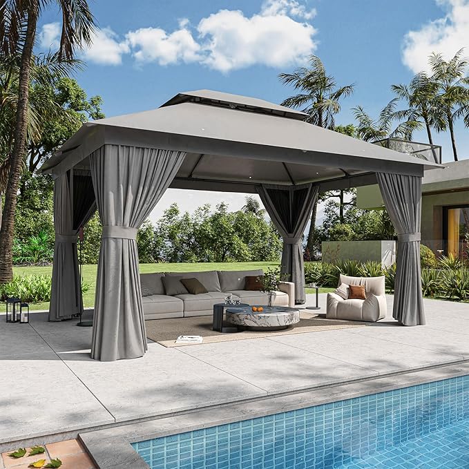 12'x10' Gazebo, Outdoor Gazebo Metal Frame Canopy with Double Roofs, Heavy Duty Patio Tent Shelter with Mosquito Netting and Privacy Screen for Backyard, Grey