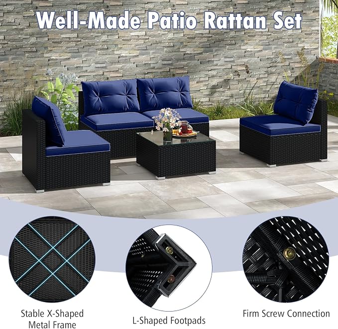 RELAX4LIFE 5-Piece Outdoor Patio Furniture Set, Rattan Sectional Sofa Set w/Glass-Top Coffee Table, Soft Seat & Back Cushions, Bistro Set for Garden Backyard Porch, Wicker Conversation Set (Navy)