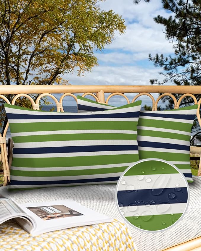Outdoor Waterproof Pillow Covers for Patio Furniture Navy Blue Green Stripes Decorative Throw Pillow Cover Lime Green Stripes Pillowcases Set of 2 Cushion Case for Sofa Couch Chair 20 x 12 Inches