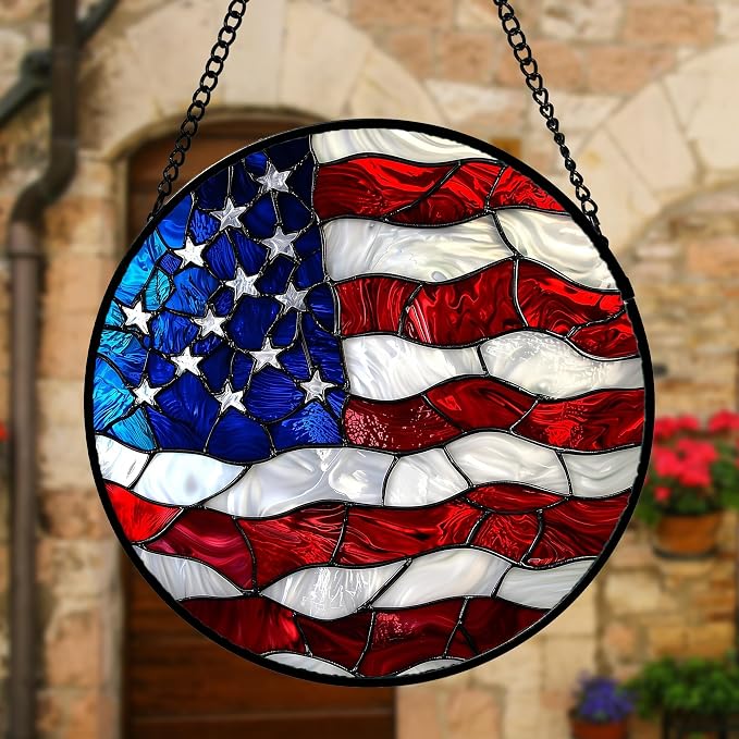 DASTOLL Stained Glass Window Hanging, Blue, White Red National Flag Pattern Sun Catchers Diamond Glass Panel Window Hangings Decor for Birthday Gifts for Women, Men, and Mom 6.3x6.3 in