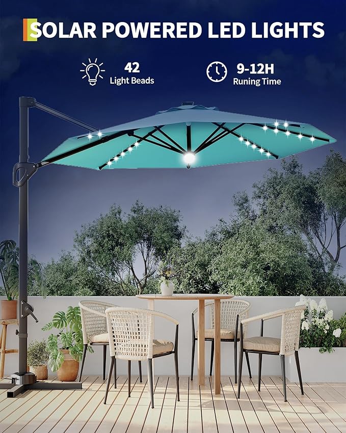 GarveeLife 10FT Patio Umbrella Outdoor Solar LED Large Cantilever Umbrella Market Sun Shade Windproof Offset Umbrella with 360-Degree Rotation for Garden Deck Pool Patio
