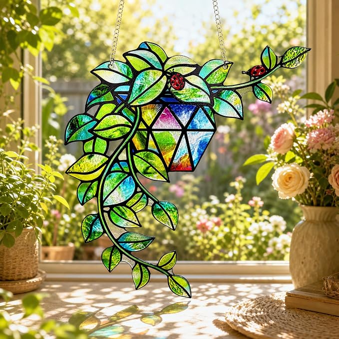 Plant Suncatcher Glass, Stained Glass Suncatcher Plant Window Hanging, Unique Nature Lover Gifts Leaf Idea