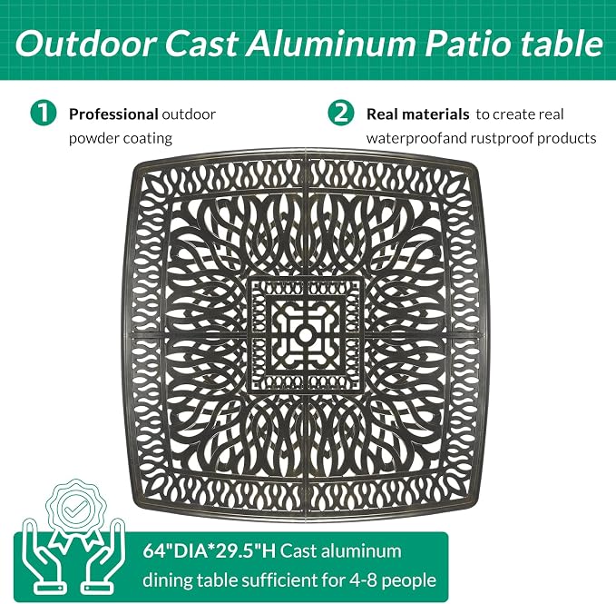 VIVIJASON 9-Piece Outdoor Furniture Dining Set for 8, All-Weather Cast Aluminum Patio Table and Chairs Set with 8 Cushioned Chairs, 64" Large Square Dining Table, 2.2" Umbrella Hole, Navy Blue