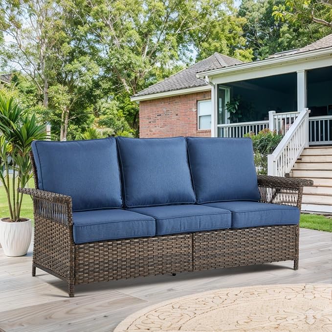 Wicker Patio Furniture Set - 7pcs with Blue Cushions, Rattan Sofa, Ottomans, Coffee & Side Table