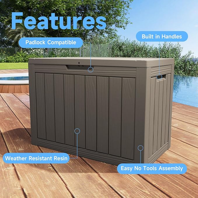 55-Gallon Outdoor Storage Box, Waterproof Deck Box for Patio Cushions, Garden Tools, Pool Accessories, Lockable Outside Storage Bin for Backyard & Deck (Grey)