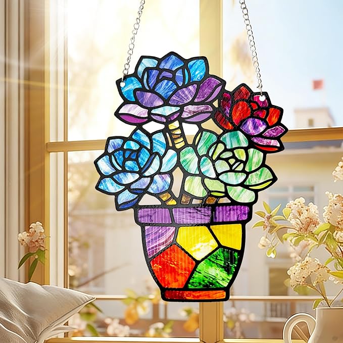 Plant Suncatcher Glass, Stained Glass Suncatcher Plant Window Hanging, Unique Nature Lover Gifts Leaf Idea (Succulent)