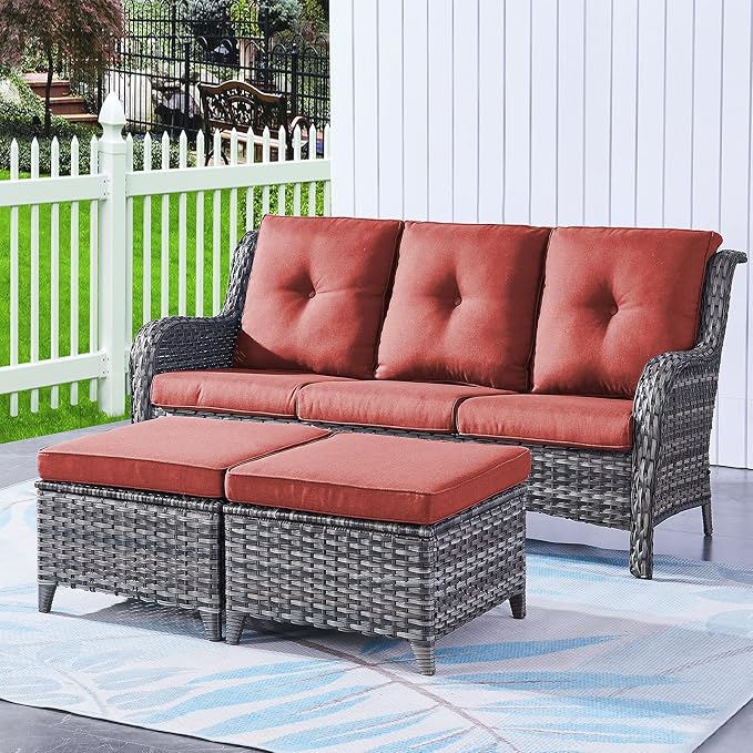 Rilyson Luxury Outdoor Wicker Patio Ottomans Set of 2, 250 lbs Capacity Rattan Large Ottomans for Patio Footrest Set 22.8in*22.8in*14in with 3.5in Thick Cushion (Mixed Grey/Red)