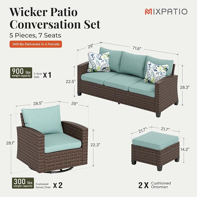 MIXPATIO Swivel Glider Patio Furniture Set, 5 Pcs Wicker Outdoor Conversation Set, 2 x Swivel Chairs, 1 x 3 Seater Sofa and 2 x Ottoman, Blue