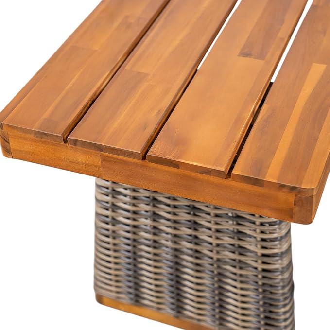 Merax 3-Piece Outdoor Dining Set Acacia Wood, 1 Table + 2 Benches, Slatted Design Tabletop & Woven Rattan Legs, Weather-Resistant Rectangle Patio Dining Set, Grey