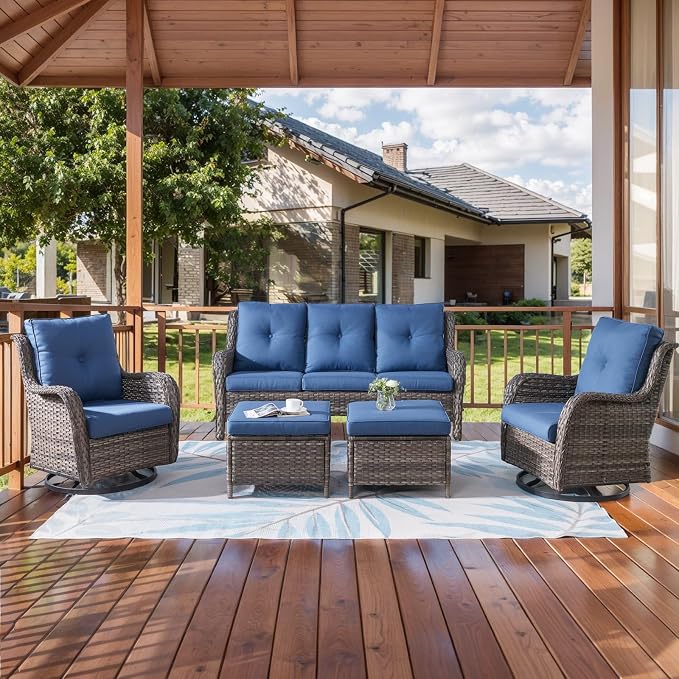 HUMMUH Patio Furniture 5 Pieces Outdoor Furniture Set Wicker Outdoor Sectional Couch with Patio Swivel Rocking Chairs,Ottomans for Patio