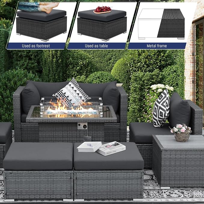 BULEXYARD 7 Piece High Back Outdoor Sectional Set with Fire Pit Table, Modern Wicker Patio Furniture Set Weather-Resistant, Modular 6-Person Couch Sofa Comfortable Wide Deep Seats for Backyard, Grey