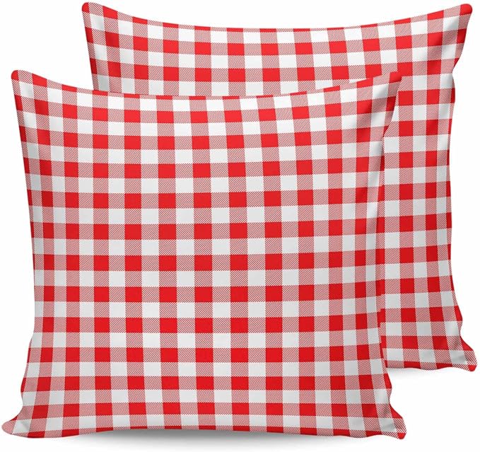 Outdoor Waterproof Throw Pillow Covers Set of 2 Red White Buffalo Plaid Pillowcases 20x20 Inches Pastoral Checked Decorative Pillows Cushion Case Patio Pillows for Couch Bed Chair Garden