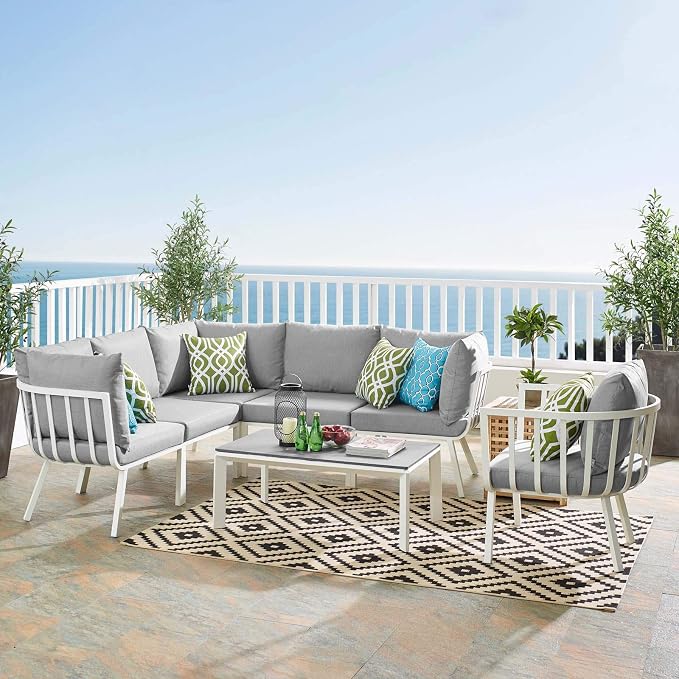 Modway EEI-3790-WHI-GRY Riverside 7 Piece Outdoor Patio Aluminum Set, White Gray