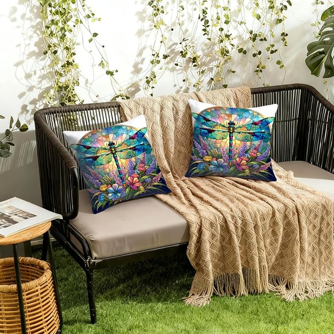 18x18 Inch Outdoor Pillow Covers Set of 2 Waterproof Throw Pillow Covers Decorative Couch Cushion Covers Stained Glass Dragonfly Floral Square Pillowcases Protectors