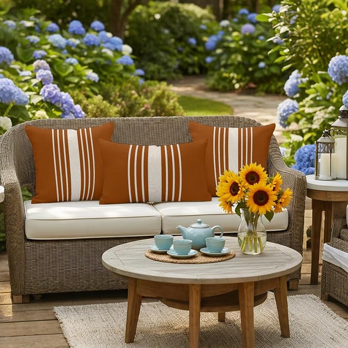 Burnt Orange Beige Striped Outdoor Pillow Covers 20x20 Inch Throw Pillow Covers Set of 2 Waterproof Decorative Pillow Cases Modern Farmhouse Retro Lines Cushion Covers for Patio Furniture Garden Couch