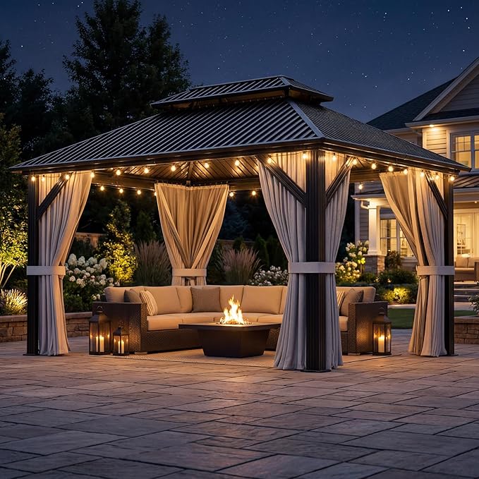 10'x12' Gazebo Hardtop Gazebo, Aluminum Pergola with Double Galvanized Steel Roof, Permanent Outdoor Metal Canopy with Curtain and Netting for Patio, Backyard, Deck,Grey