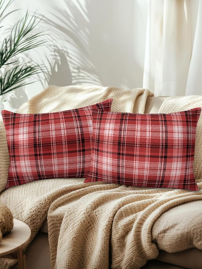 Waterproof Outdoor Pillow Set of 2 Red Checked Plaid Decorative Throw Pillows Cover & Insert 20x12 Inch Lumbar Pillowcase Stripes Woven Grid Pillows for Couch Sofa Bed Patio Furniture Indoor Outdoor