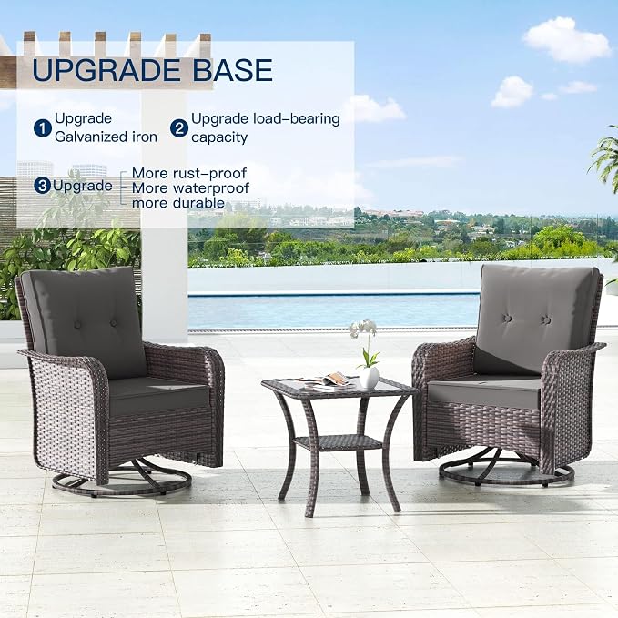 Kullavik 10PCS Outdoor Patio Furniture Set,PE Wicker Rattan Sectional Sofa Patio Conversation Sets with 43" 55000BTU Gas Propane Fire Pit Table,Swivel Rocking Chairs Set,Grey