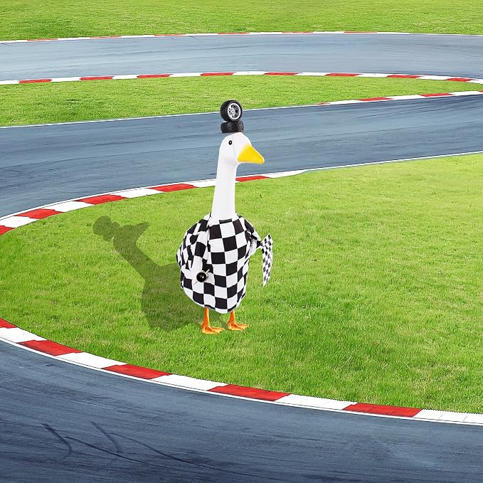 CAMDUCK Porch Goose Racing Outfits Race Car Driver Outfit Costume Racer Checkered Goose Clothes for Cement Lawn Geese