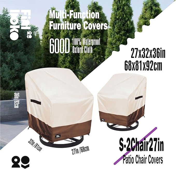 Outdoor Chair Covers 2 Pack, (27"W x 32"D x 36"H )100% Waterproof Heavy Duty Patio Furniture Covers ,Outdoor Furniture Covers Waterproof for Patio Chair Covers,Beige&brown
