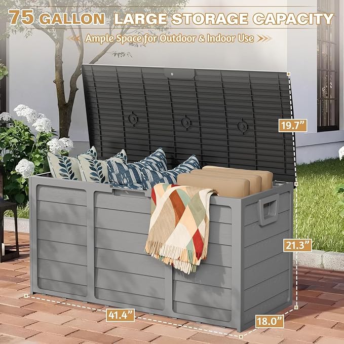 SUNCROWN 75 Gallon Deck Storage Box Resin Outdoor Storage Container with Handles for Patio Garden Yard Porch, Grey