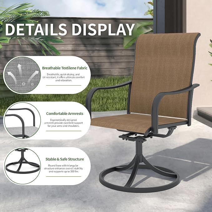 Anmutig 7 Pieces Outdoor Patio Dining Set for 6 Patio Dining Swivel Chairs Textilene & 1 Rectangle Outdoor Dining Table with 1.57" Umbrella Hole for Backyard Bistro Outdoor Furniture Brown