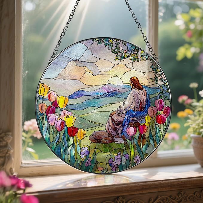Stained Glass Suncatcher, Jesus and Sunrise Sun Catcher Ornament; Stained Glass Window Hanging, Christmas Ornament, Christian Home Decor; Baptism Gift, Christian Gifts, Religious Gifts