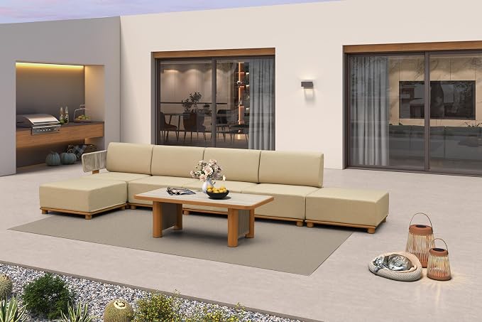PURPLE LEAF Patio Furniture Set Modular L-Shaped Outdoor Sectional Sofa with 11" Thick Cushion 7-Piece Outdoor Conversation Set w/Ottomans & Coffee Lights for Backyard Poolside Table Included, Beige