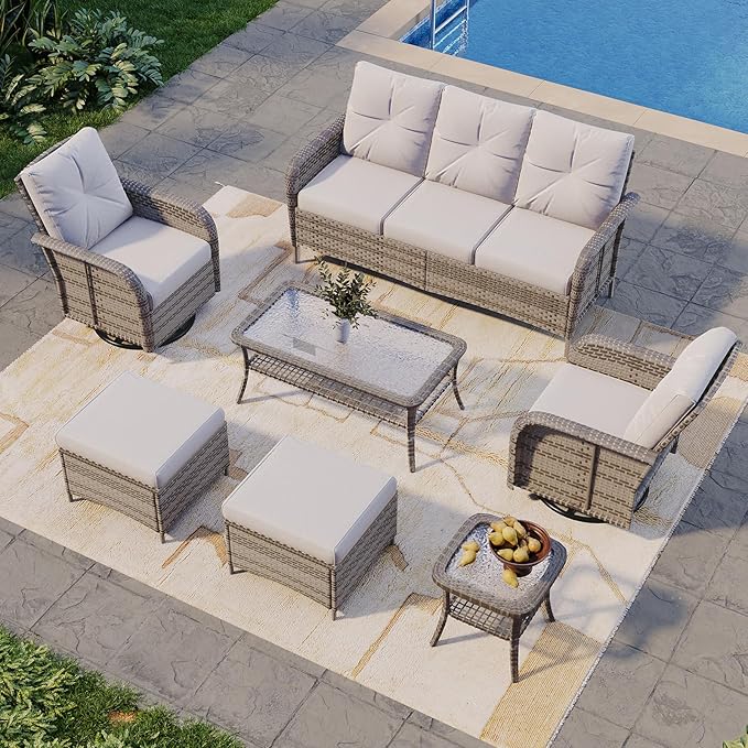 Aoxun 7-Piece Patio Furniture Set with Thick Cushions, Wicker Outdoor Sectional Sofa with High Back Swivel Rocker Chairs, Outdoor Patio Furniture Set with Coffee Table & Ottoman, Grey