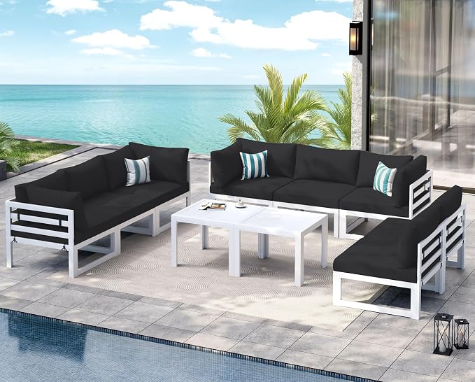 NICESOUL L Shaped Large Modern Aluminum Outdoor Patio Furniture Set, 29" Wide Deep Sitting, Rust Fade Resistant Modular Sectional Sofa, 500 lbs Sturdy Comfy Conversation Set for Backyard Lawn, Black