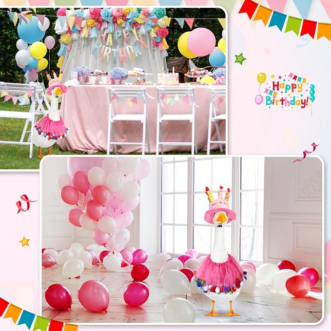Aliceset Happy Birthday Porch Goose Outfit Lawn Goose Clothes Hat and Tutu Collar Goose Outfits for 23" Cement/Plastic Porch Goose Outdoor Statue Patio Yard Lawn Art (Pink)